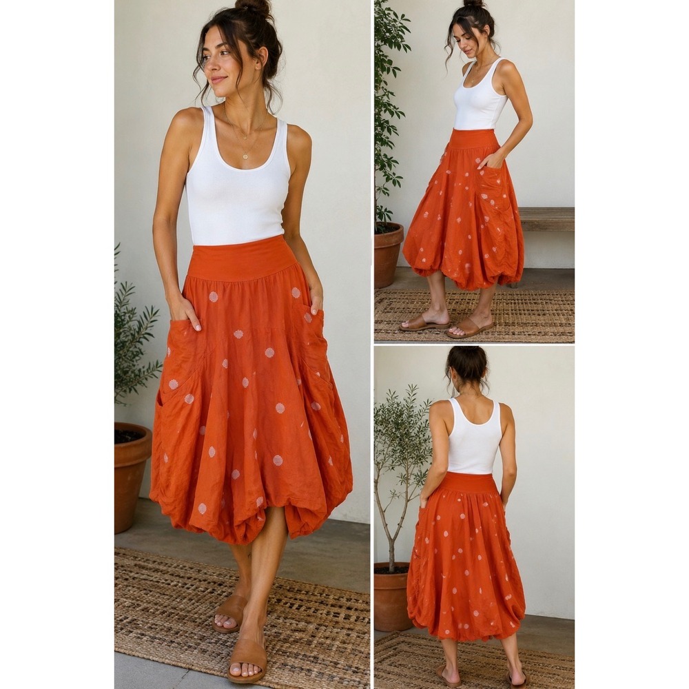 Lagenlook Orange Polka Dot Linen Bubble Midi Skirt Women Size S/M Boho Pockets